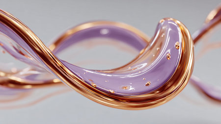 Abstract fluid dynamic shape features a luxurious curving ribbon combining polished rose gold metal...