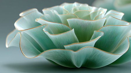 Abstract macro view highlights translucent, layered mint green petals intricately detailed with fine vertical striations and delicate gold borders creating an impression of organic elegance and sophisticated modern artistry.の写真素材