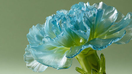 Glass blown carnation sculpture presents intricate layering of translucent blue petals shading into...