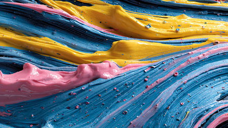 Rich viscous layers of bright yellow pastel pink and deep turquoise paint are intricately swirled...