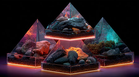 Abstract arrangement of four glowing glass pyramid terrariums showcasing dark rocks and pebbles...