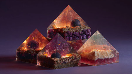 Piece of cake with berries in pyramid on purple background.