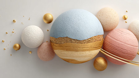 Abstract artistic composition showcases several textured spheres resembling planets or decorative...