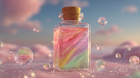 A bottle with a rainbow and soap bubbles on a pink background.