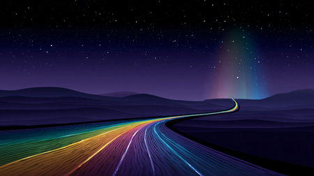 Winding road illuminated with vibrant rainbow colors stretches into the dark horizon under an intensely star-filled night sky with a vertical light beam symbolizing a bright guiding destination in a mysterious landscape.の写真素材