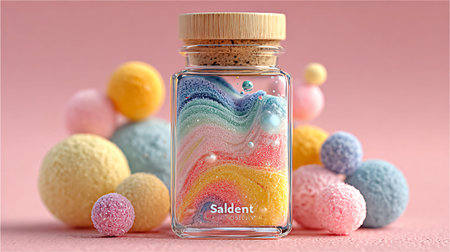 Glass apothecary jar showcases swirling layers of vibrant rainbow colored kinetic sand or powder sealed with a wooden cork stopper against a soft pink background surrounded by pastel textured spheres creating a whimsical aesthetic.の写真素材