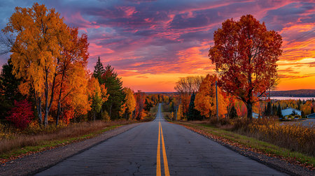 Long empty rural asphalt road stretches toward a distant horizon under a dramatic fiery orange and...