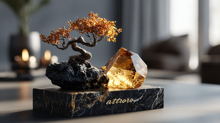 Exquisite miniature sculpture showcases a meticulously crafted wire bonsai tree with golden leaves...