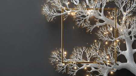 Stylized white winter tree branches adorned with warm golden lights beautifully frame an empty...