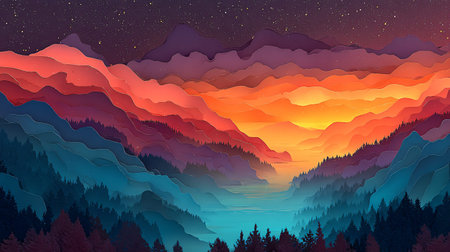 Foggy mountains at sunset. Vector illustration for your design.の写真素材