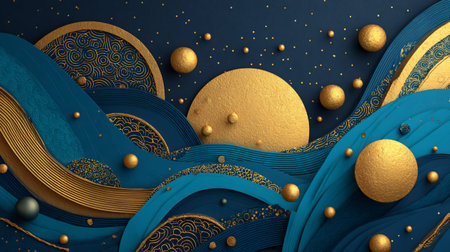 Abstract three dimensional paper cutting artwork displays deep teal blue waves contrasting with...