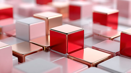 Vivid glossy red metallic cube commands focus rising above a textured field of varied pink white and rose gold squares symbolizing uniqueness strategic selection or corporate differentiation.の写真素材