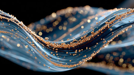 Abstract visualization shows countless tiny gold spheres suspended within or traveling along flowing...