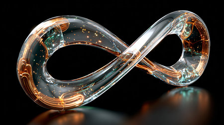 Glowing abstract infinity symbol crafted from transparent glass material encapsulates complex...