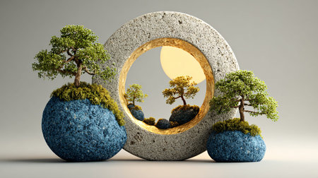 Miniature zen garden sculpture incorporates small bonsai trees growing from vibrant blue textured...