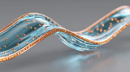 Abstract wavy structure features translucent blue material interwoven with elegant golden microbeads...