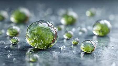 Water droplets display incredible clarity and magnification on a cool slate surface reflecting...