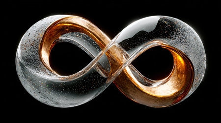 Abstract infinity symbol sculpture showcases intertwined clear glass with internal bubbles contrasting against illuminated polished metallic bronze material in a dark setting.の写真素材