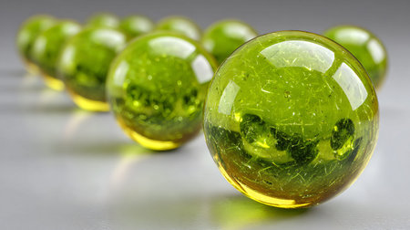 Several vibrant lime green glass marbles line up diagonally with the nearest sphere sharply focused...