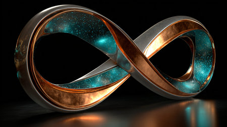 Intricate metallic infinity symbol showcases contrasting copper and silver bands encasing glowing...
