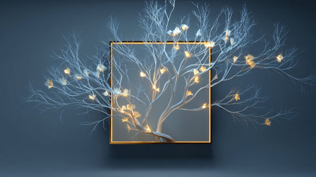 Illuminated white tree sculpture featuring delicate branches and glowing golden flower accents is...