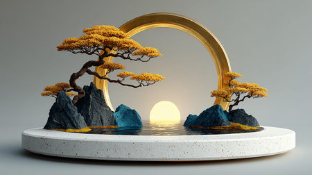 Miniature zen garden display showcases gnarled bonsai trees with golden leaves perched on dark...