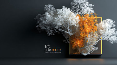 Abstract digital sculpture showcases complex white and vivid orange tree forms highlighted by a...