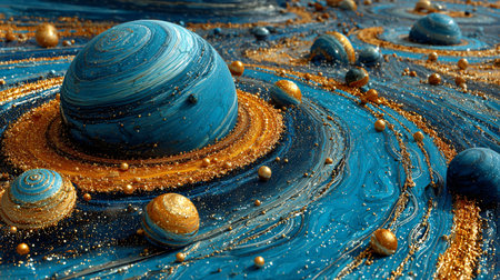 Abstract celestial composition depicts richly textured blue and gold liquid swirls surrounding...