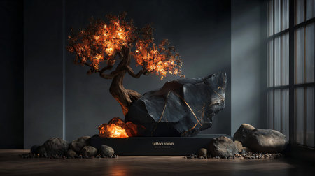 Artistic installation showcases a dramatically lit glowing tree perched atop a large dark stone slab surrounded by smaller rocks creating an intense visual contrast and spiritual atmosphere.の写真素材