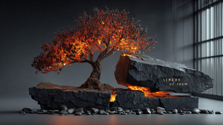 Fiery glowing tree grows from cracked dark volcanic stone with bright orange magma flowing beneath a...