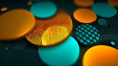 Abstract digital rendering displays glowing orange and cyan circular shapes with varying surface...