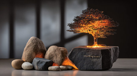 Illuminated wire tree sculpture glows brightly from its dark engraved stone base surrounded by...