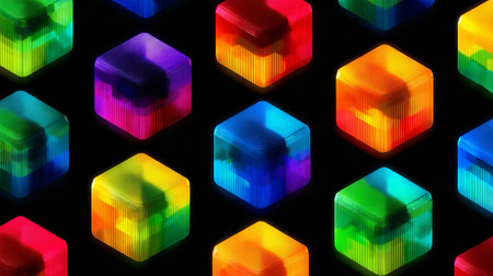 Multiple glowing cubic blocks display iridescent rainbow colors and detailed vertical textures...