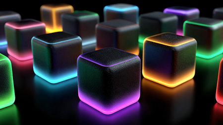 Textured black cubes featuring bright neon glowing outlines in various colors are arranged closely...