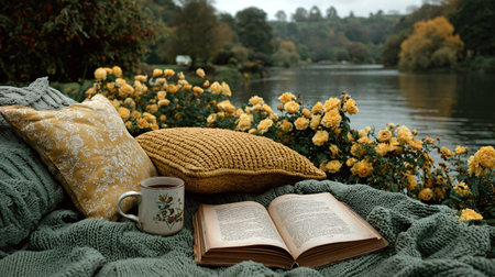 Cozy autumn reading setup rests invitingly beside a tranquil lake featuring an open vintage book a...