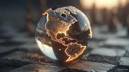 Glowing digital earth model focusing on the Americas etched onto a translucent sphere rests upon a...
