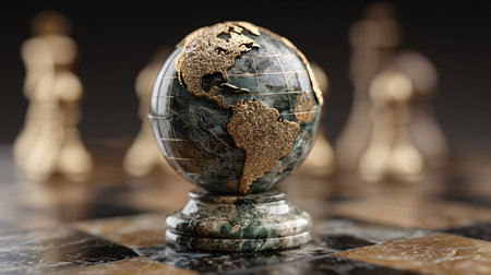 Globe and chess pieces on the chessboard. 3d renderingの写真素材