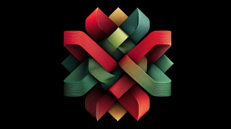 Abstract three dimensional interwoven ribbons structure presents a highly detailed symmetrical knot...