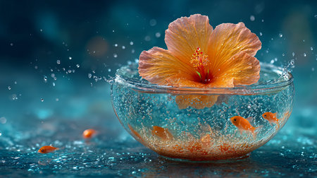 Vibrant orange hibiscus flower rests upon a glass fishbowl containing shimmering water and small...