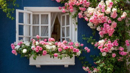 Charming white window box overflowing with vibrant pink and white roses contrasts beautifully against a deep textured navy blue exterior wall in bright sunshine creating a picturesque scene.の写真素材