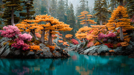 Vibrant orange and striking pink foliage bursts forth from mossy rocks surrounding deep teal blue water reflecting the dense evergreen forest backdrop creating a breathtakingly beautiful fantasy landscape composition.の写真素材