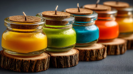 Row of small glass jars filled with vividly colored, unlit aromatherapy candles sealed with corks are carefully lined up on thick circular wood slices against a dark gray surface showcasing artisanal home fragrance products.の写真素材