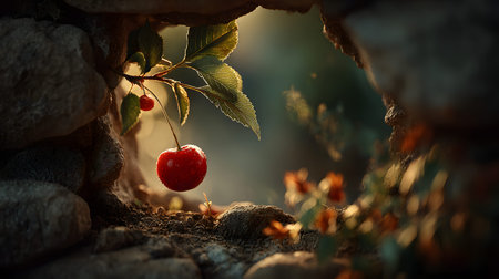 Single vibrant red cherry clings to its stem beneath green leaves, dramatically illuminated by golden backlight filtering through a crevice in rough brown rocks, creating a beautiful contrast with the dark foreground and soft, out-of-focus natural background elements.の写真素材