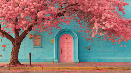 Vivid pink blossoms from an overarching tree cascade over a bright teal stucco wall that perfectly frames a matching pink arched entry door beside a dusty window.の写真素材