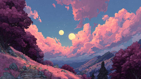 Surreal anime landscape features a stone path ascending a pink-hued hillside bordered by deep purple trees under a twilight sky holding two bright yellow moons and voluminous pink clouds.の写真素材