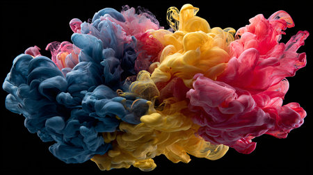 Vibrant clouds of blue yellow and magenta ink swirl dramatically together creating an abstract explosion of rich liquid color suspended in dark water demonstrating beautiful fluid dynamics and artistic movement.の写真素材