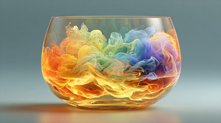Vibrant rainbow colored smoke or liquid dye swirls beautifully suspended within a clear curved glass vessel against a muted background emphasizing dynamic texture and color contrast creating a mesmerizing abstract visual effect.の写真素材