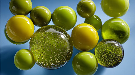Assortment of glossy vibrant lime green and chartreuse yellow glass spheres exhibiting internal bubbles and smooth reflections are suspended against a light blue background creating a refreshing abstract composition.の写真素材