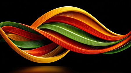 Abstract colorful ribbons composed of yellow red and green hues weave together in a flowing dynamic wave structure set against a stark black backdrop perfect for modern digital backgrounds or artistic concepts.の写真素材