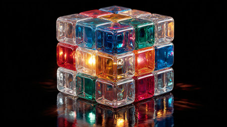 Illuminated multicolored glass cubes form a three-dimensional puzzle resembling a Rubik's cube structure showcasing vibrant internal glows and reflections on a highly polished dark surface in a dramatic studio setting.の写真素材